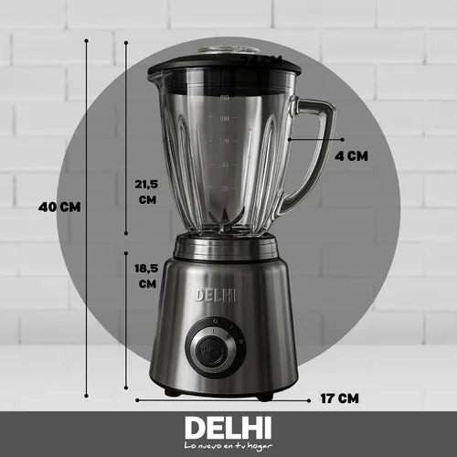 Licuadora Delhi 1000W Picahielo - Jarra de Vidrio 1.5L Acero Inox