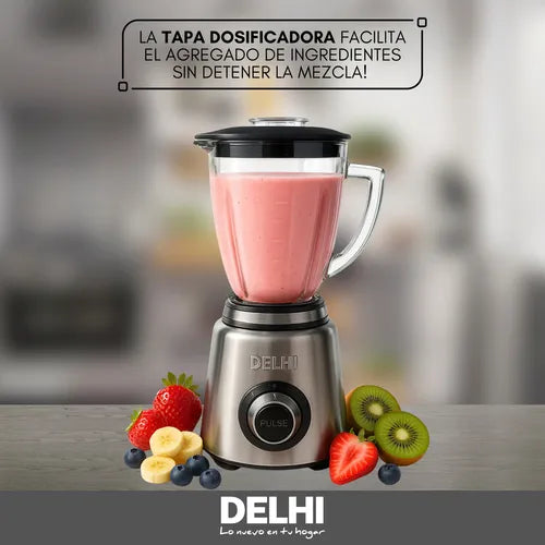 Licuadora Delhi 1000W Picahielo - Jarra de Vidrio 1.5L Acero Inox