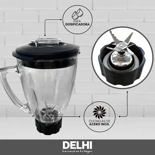 Licuadora Delhi 1000W Picahielo - Jarra de Vidrio 1.5L Acero Inox