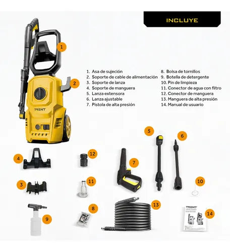 Hidrolavadora Electrica Trent HLT307 1400W Alta presion 1600 Psi 110 Bar con Accesorios