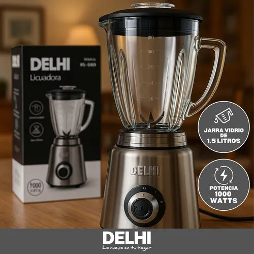 Licuadora Delhi 1000W Picahielo - Jarra de Vidrio 1.5L Acero Inox