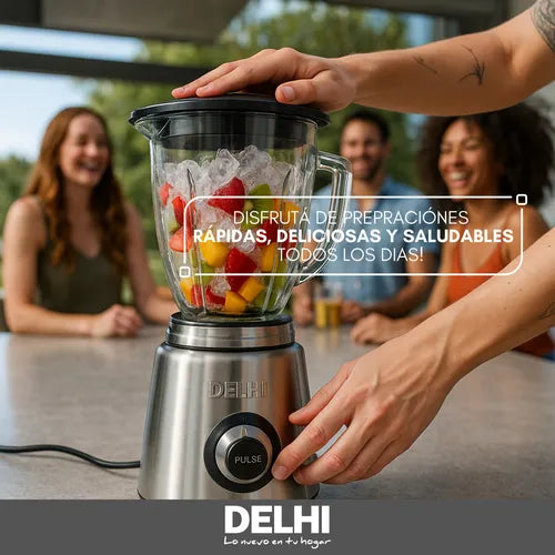 Licuadora Delhi 1000W Picahielo - Jarra de Vidrio 1.5L Acero Inox