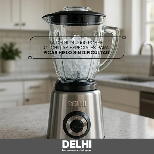 Licuadora Delhi 1000W Picahielo - Jarra de Vidrio 1.5L Acero Inox