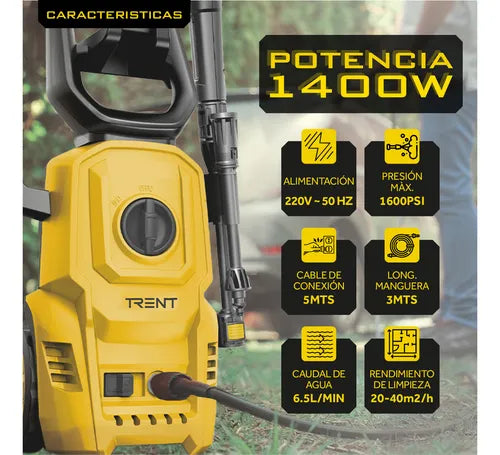 Hidrolavadora Electrica Trent HLT307 1400W Alta presion 1600 Psi 110 Bar con Accesorios